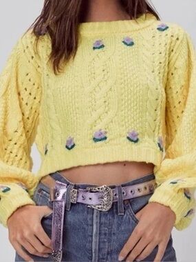 For Love & Lemons Sunny Yellow Cropped Cable Knit Sweater with Floral Appliqué